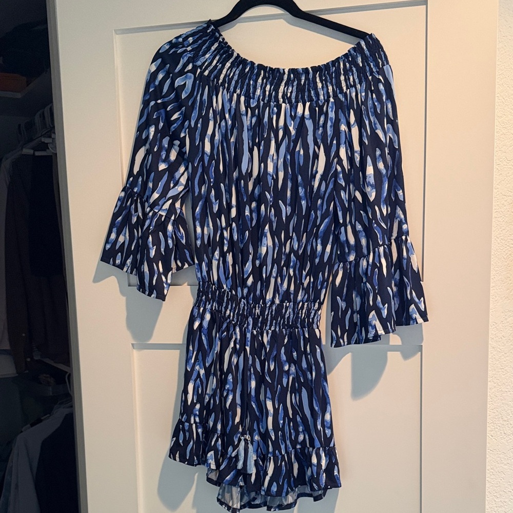 Stylish Blue Patterned Off-Shoulder Blouse
